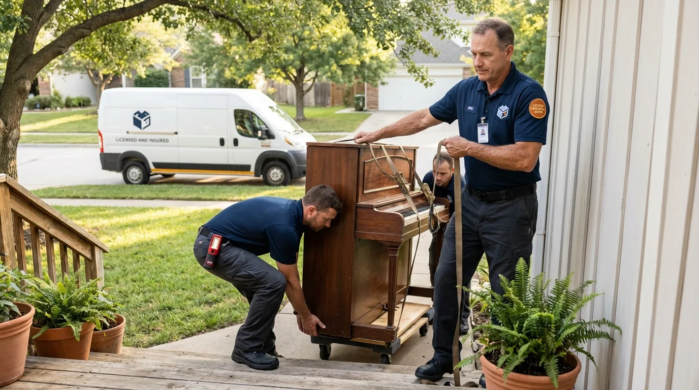 Licensed piano movers securing grand piano in Leonard, TX
