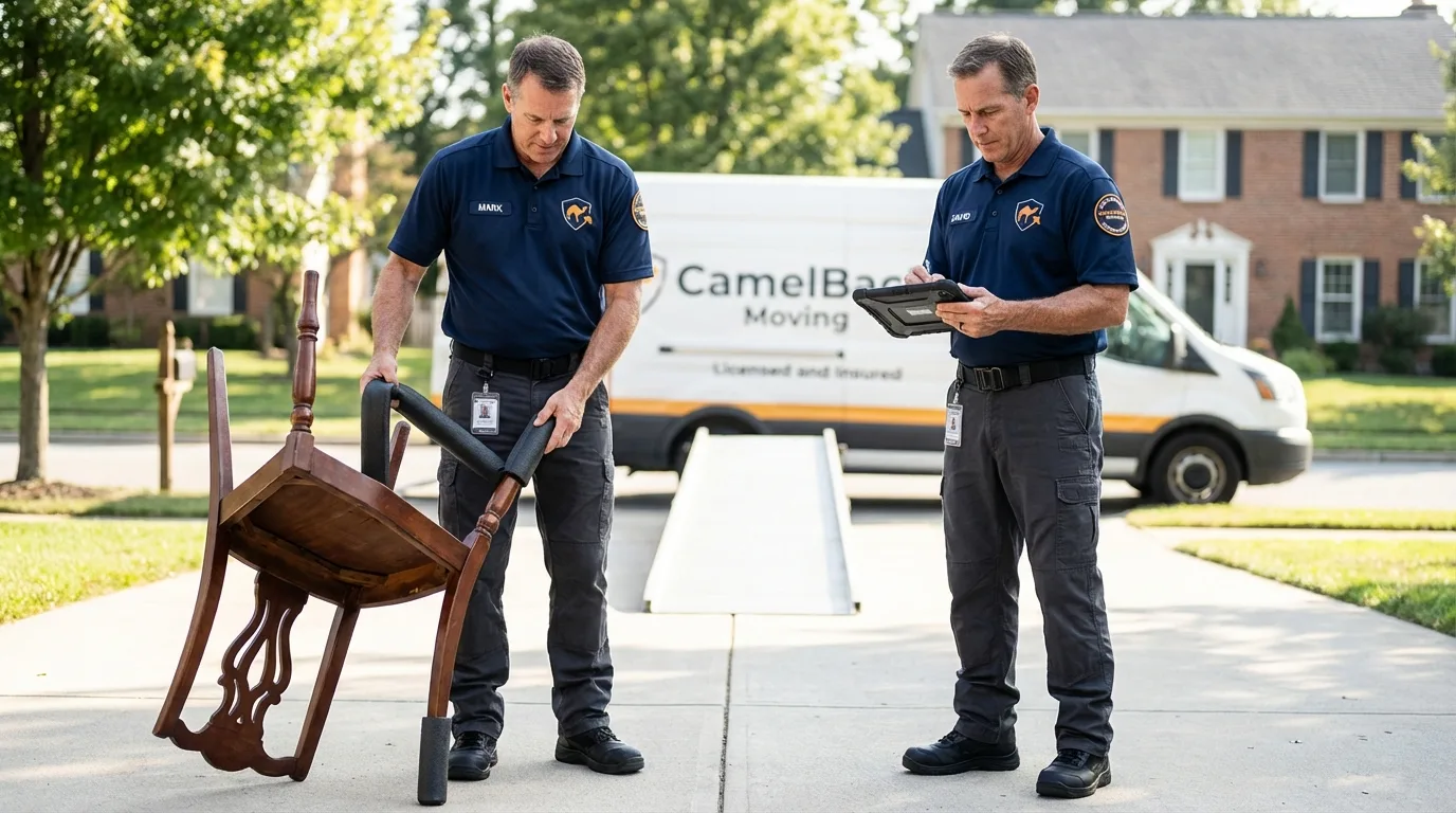 Movers inspecting furniture for damage prevention before loading in Leonard, TX