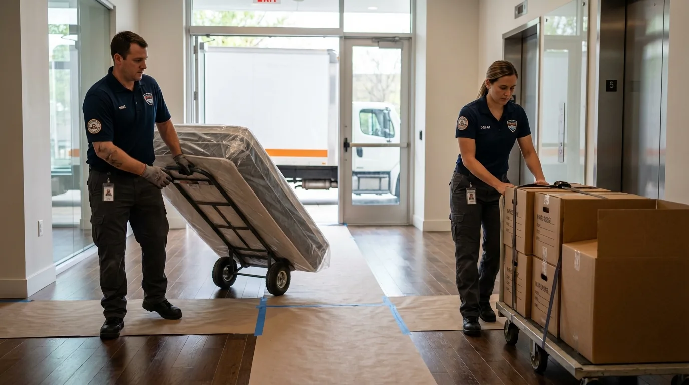 Professional apartment movers loading elevator in Leonard, TX