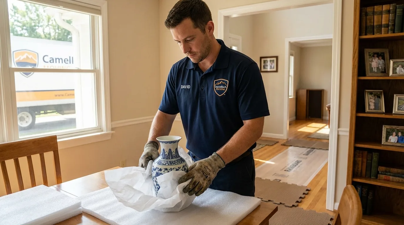 Professional crew carefully wrapping antique vase for senior downsizing move in Leonard, TX
