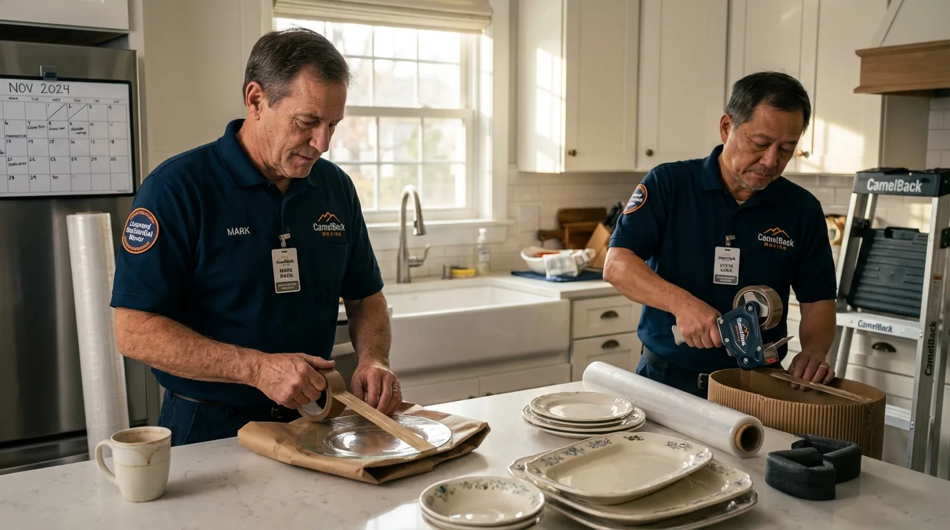 Professional crew packing kitchen dishware in Leonard, TX